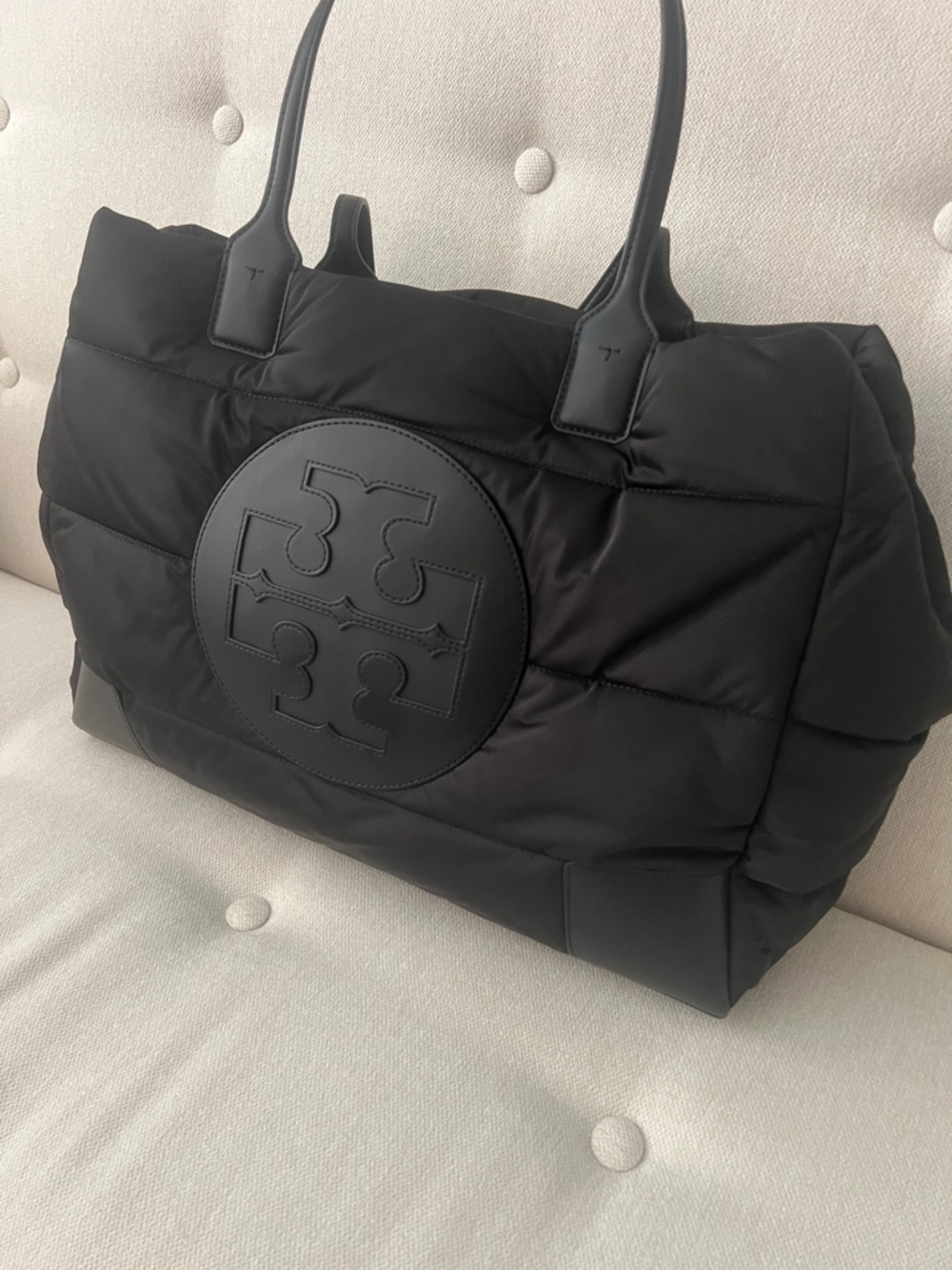 Tory Burch Ella Puffer Black Quilted Logo Puffer Tote with Top Handles